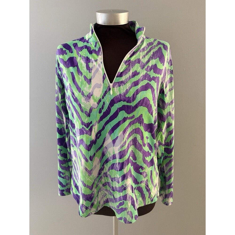 IBKUL 1/4 Zip Zebra Top Size Large Green Purple Performance UPF50+ Golf Tennis